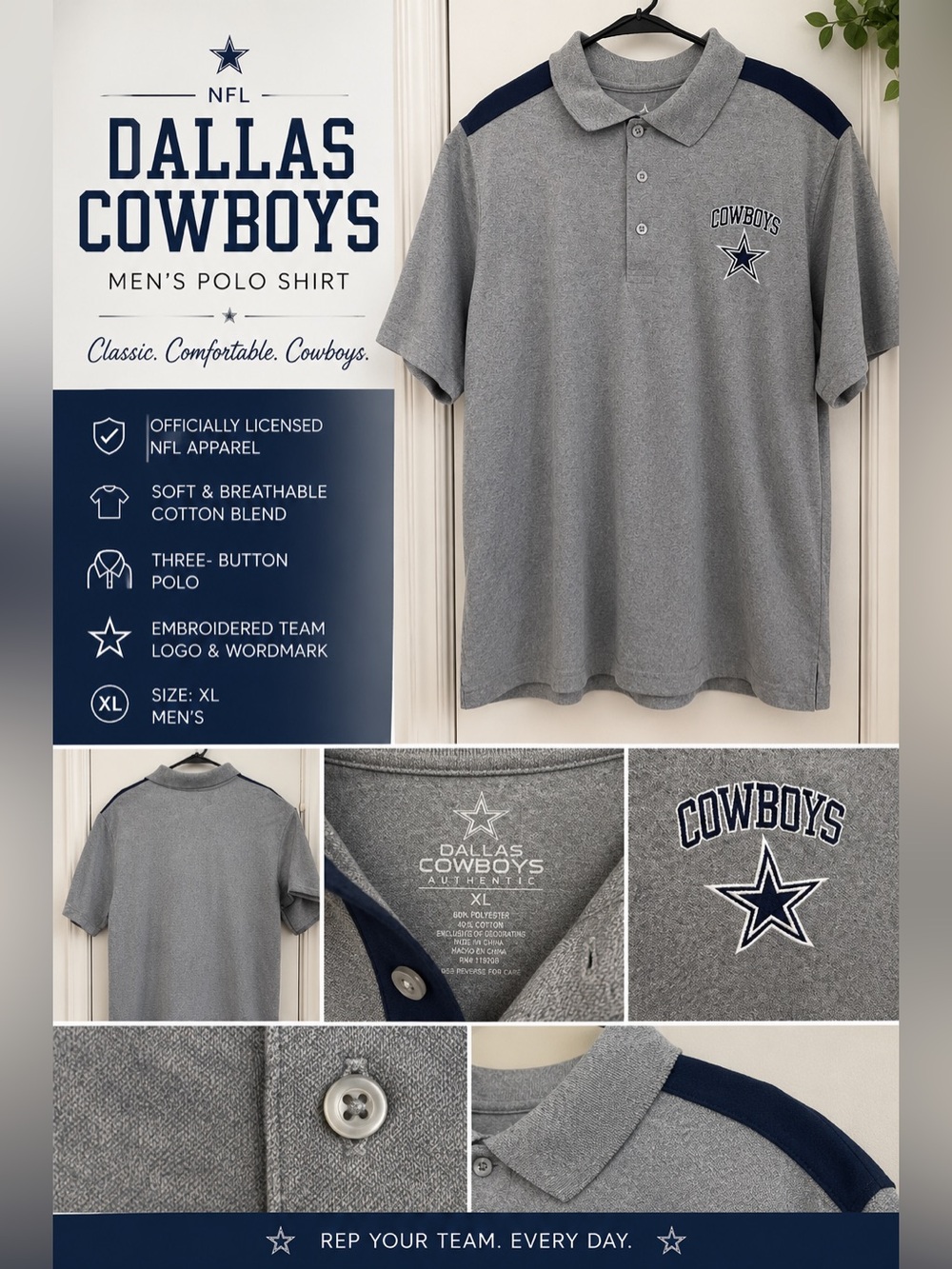 Dallas Cowboys XL Men's Grey Short-Sleeve Polo Shirt